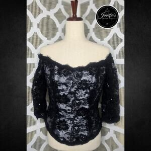 Jovani Vintage Black Lace Sequin Beaded Over Solid Gray Lined Corset Top Size 8